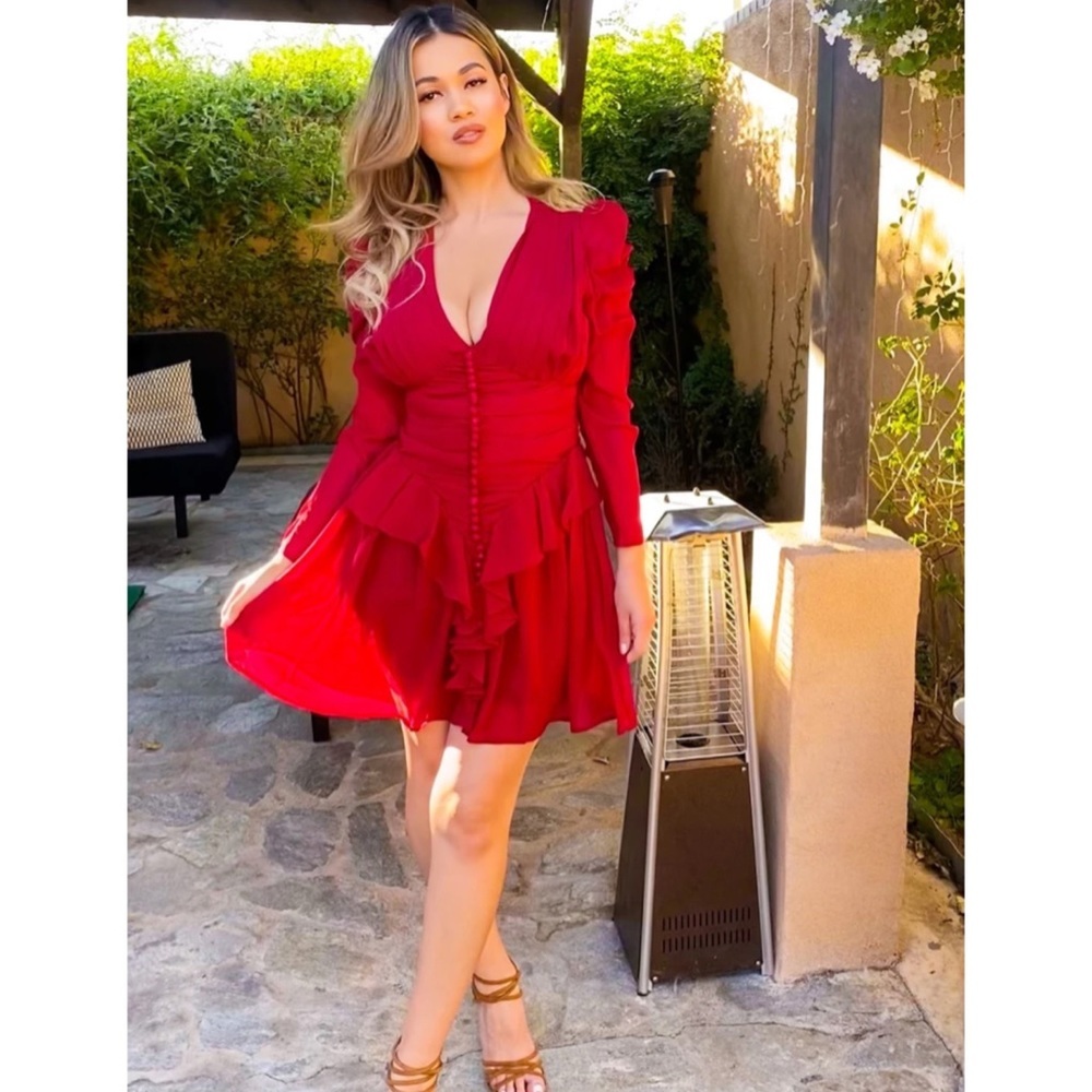 Romantic Red Mini Dress, Deep V-Neck, Long Sleeves, Ruffle & Button Accents